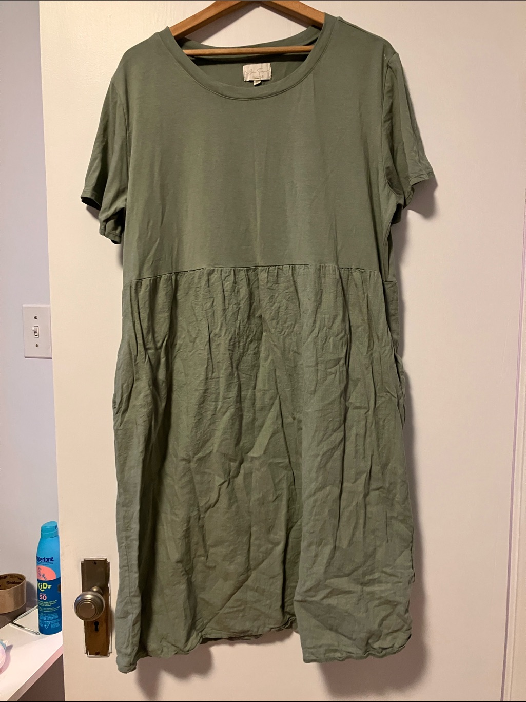 Relaxed Olive Midi Dress - Soft Short Sleeve Cotton And Linen- Made In Italie
